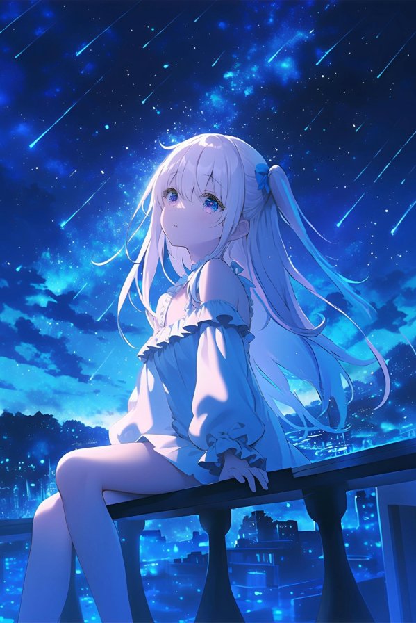 夜空流星下的女孩4K壁纸｜月华与星雨的静谧瞬间