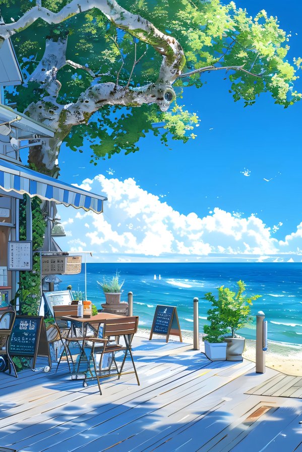 夏日海边小店场景插画 · 4K超清桌面壁纸下载