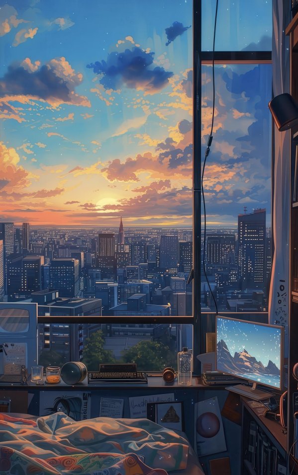 落日余晖映窗的都市卧室4K手机壁纸 | 静谧治愈系场景