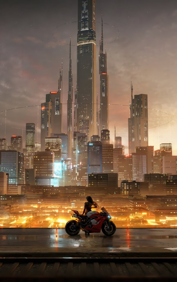 赛博都市暮光下的孤影机车｜城市夜景幻想风2K电脑壁纸