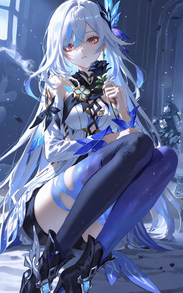 丝柯克·暮色遗迹4K手机壁纸｜红眸银发少女与暗夜玫瑰