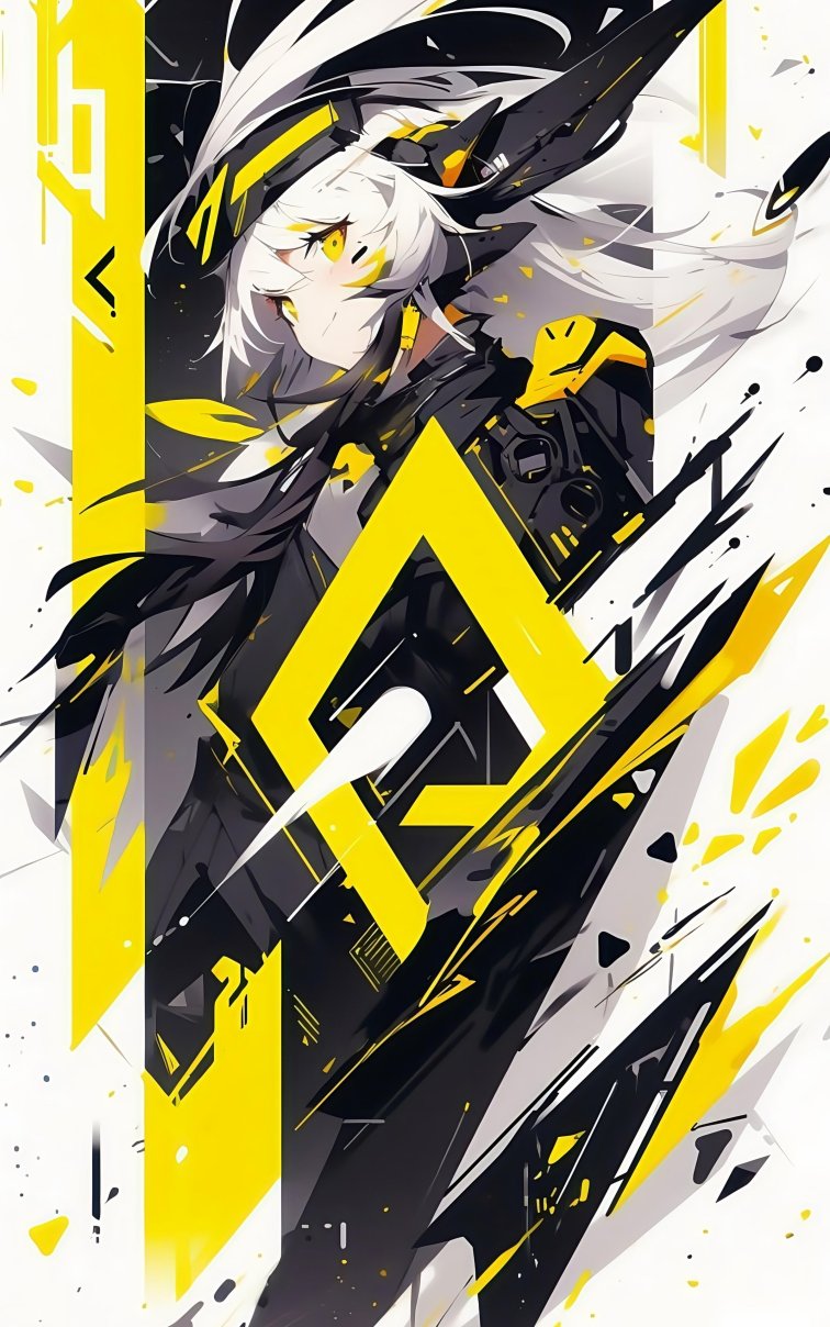 抽象几何风动漫少女4K手机壁纸 | 黑黄撞色艺术插画