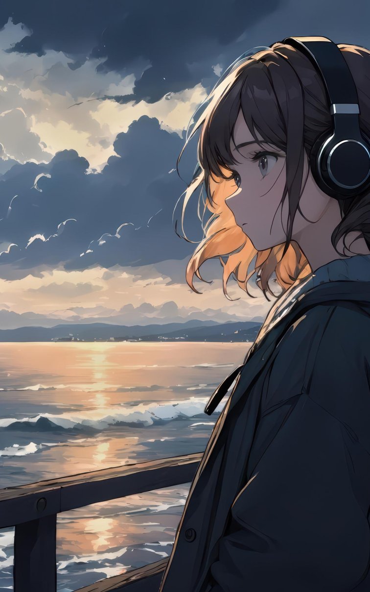 戴耳机的动漫少女黄昏海边4K电脑壁纸 | 治愈系孤独场景