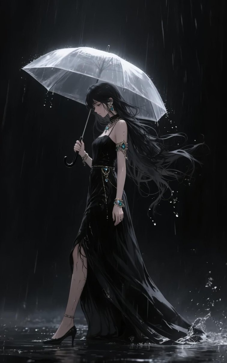 透明伞下雨夜行者4K高清电脑壁纸 | 孤独神秘唯美场景