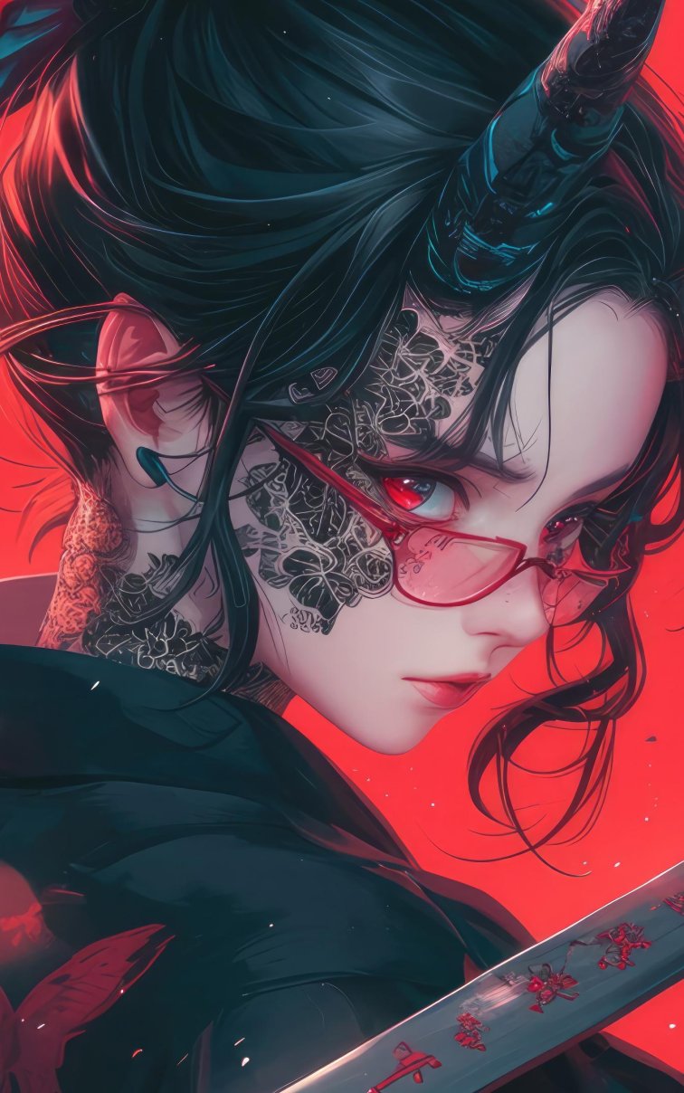恶魔萝莉持刀4K动漫电脑壁纸 | 角眼镜与武士刀暗黑插画