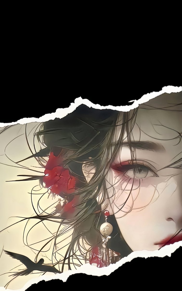 古风女子撕裂风格肖像4K手机壁纸|唯美黑红插画背景图