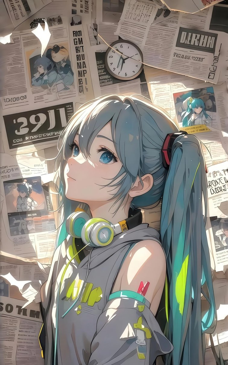 初音未来报纸墙4K动漫手机壁纸 | 未来感潮流插画