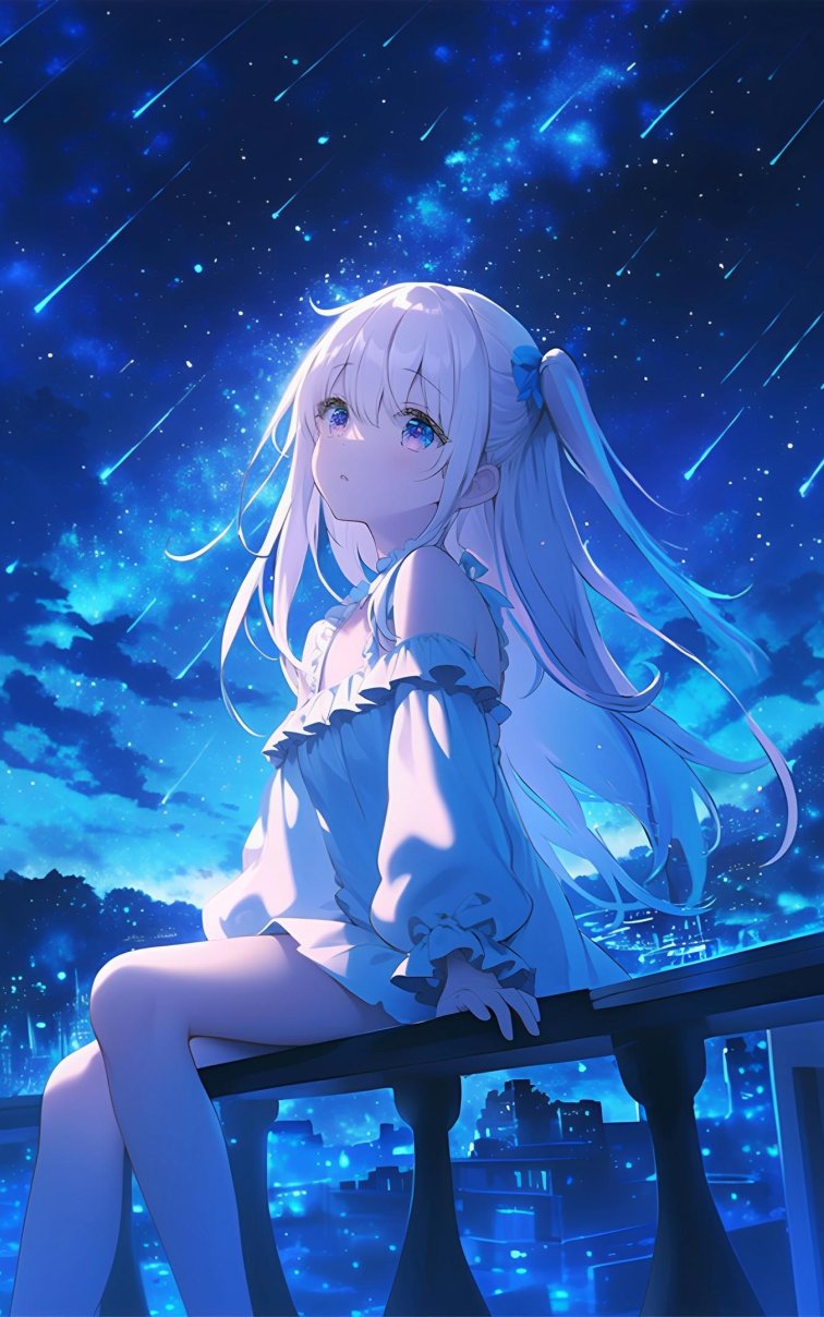 夜空流星下的女孩4K壁纸｜月华与星雨的静谧瞬间