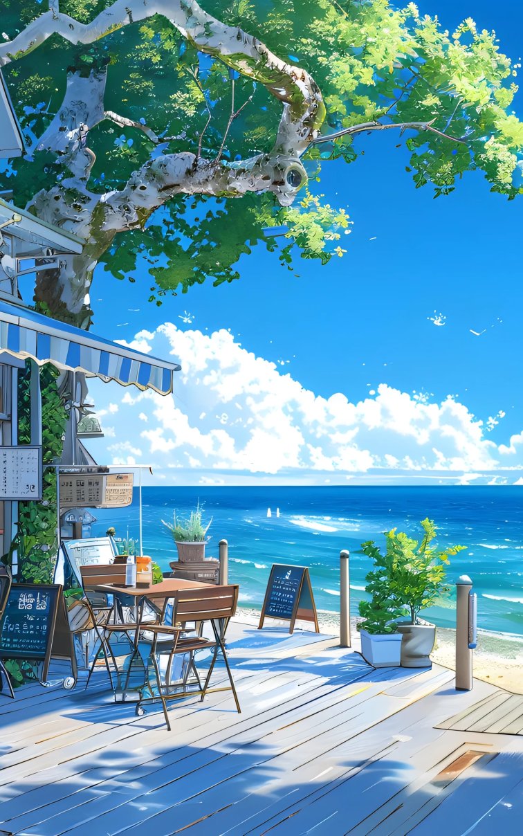 夏日海边小店场景插画 · 4K超清桌面壁纸下载