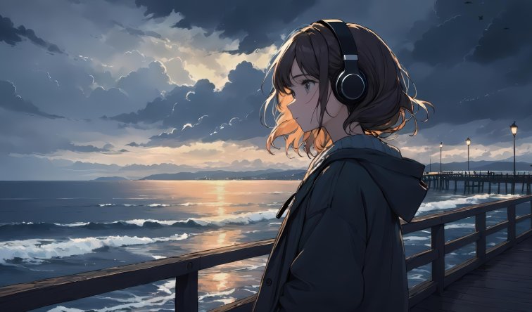 戴耳机的动漫少女黄昏海边4K电脑壁纸 | 治愈系孤独场景