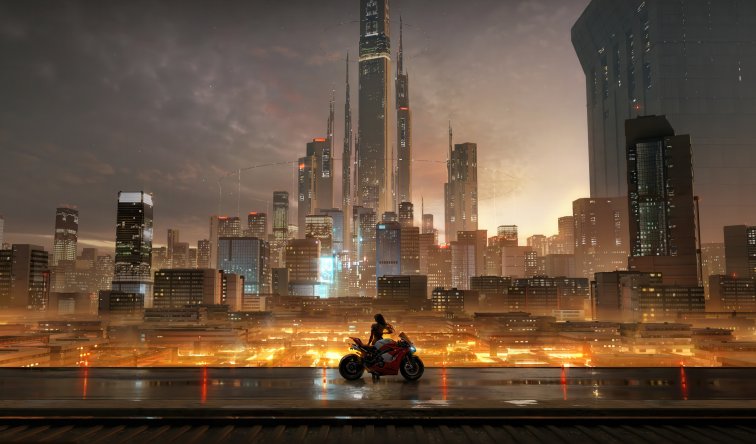 赛博都市暮光下的孤影机车｜城市夜景幻想风2K电脑壁纸
