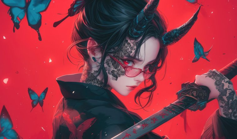 恶魔萝莉持刀4K动漫电脑壁纸 | 角眼镜与武士刀暗黑插画