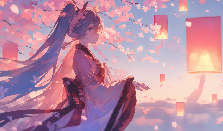 初音未来樱花灯笼4K动漫电脑壁纸 | 唯美场景