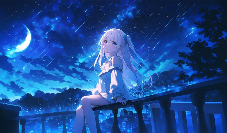 夜空流星下的女孩4K壁纸｜月华与星雨的静谧瞬间