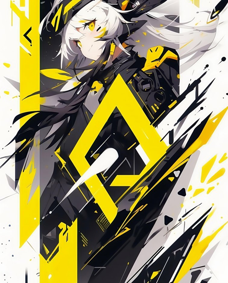 抽象几何风动漫少女4K手机壁纸 | 黑黄撞色艺术插画