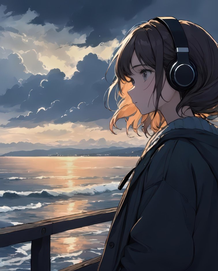 戴耳机的动漫少女黄昏海边4K电脑壁纸 | 治愈系孤独场景
