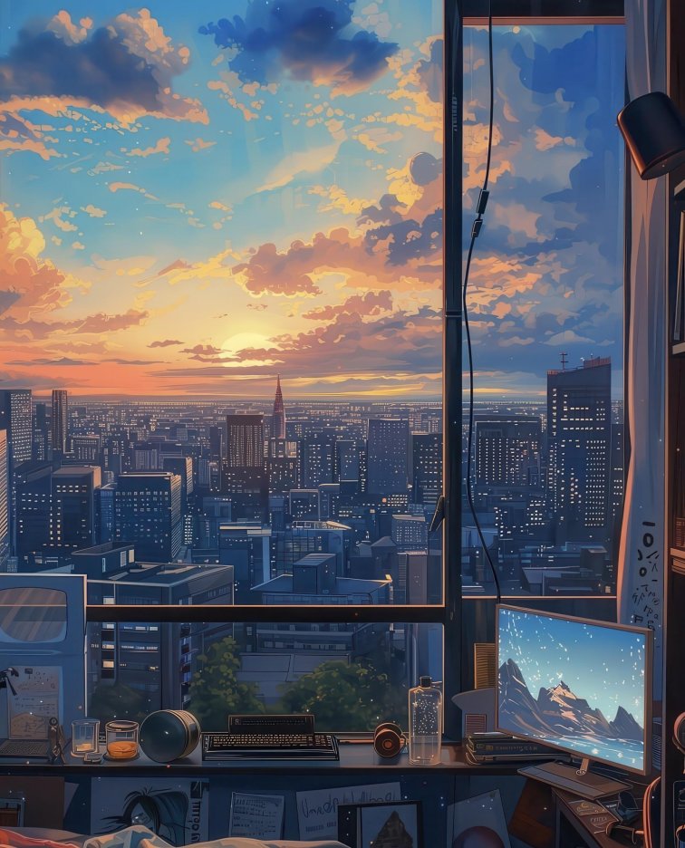 落日余晖映窗的都市卧室4K手机壁纸 | 静谧治愈系场景