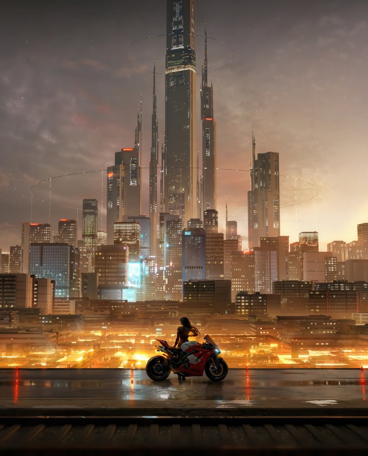 赛博都市暮光下的孤影机车｜城市夜景幻想风2K电脑壁纸