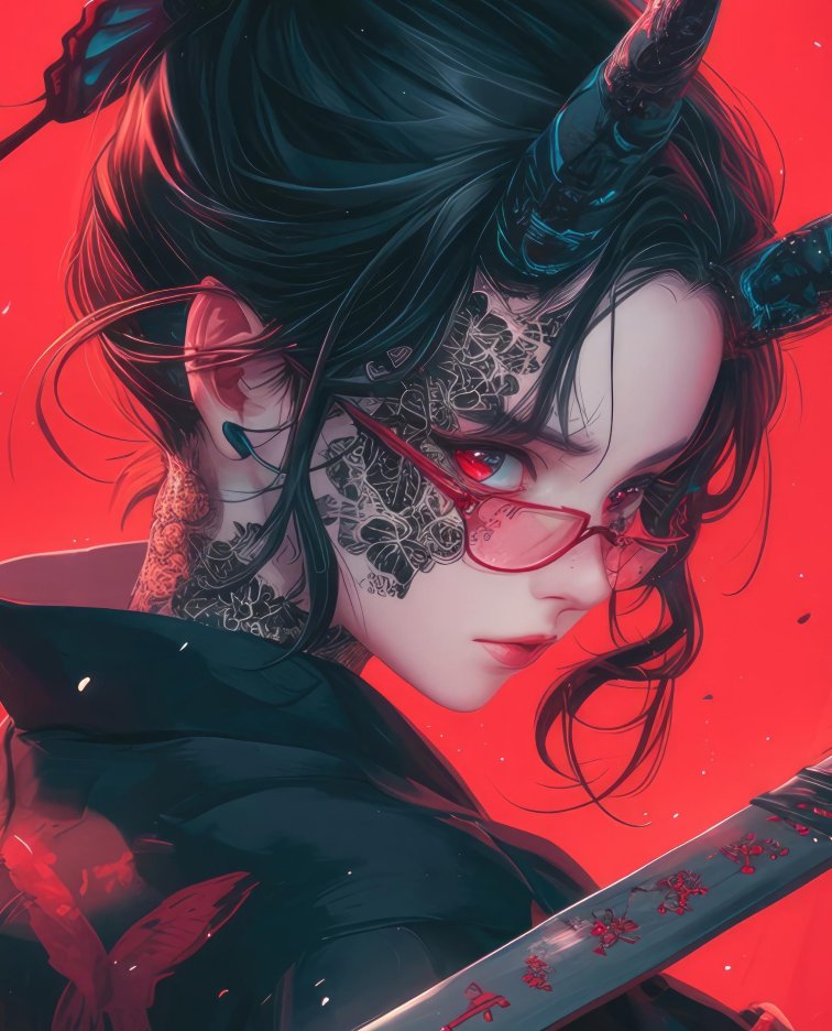 恶魔萝莉持刀4K动漫电脑壁纸 | 角眼镜与武士刀暗黑插画