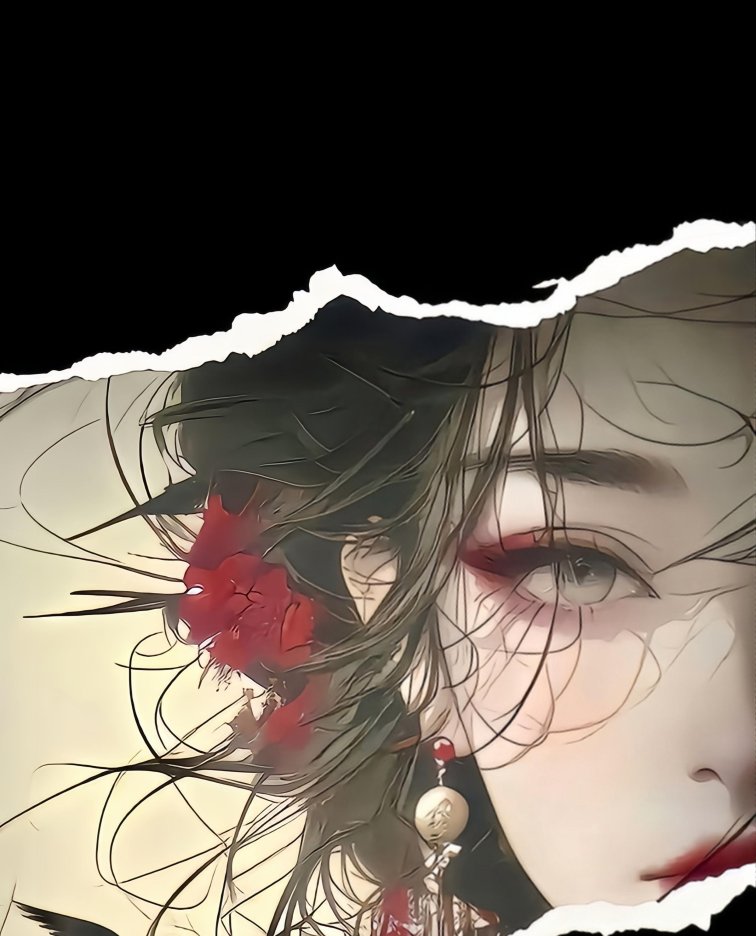 古风女子撕裂风格肖像4K手机壁纸|唯美黑红插画背景图