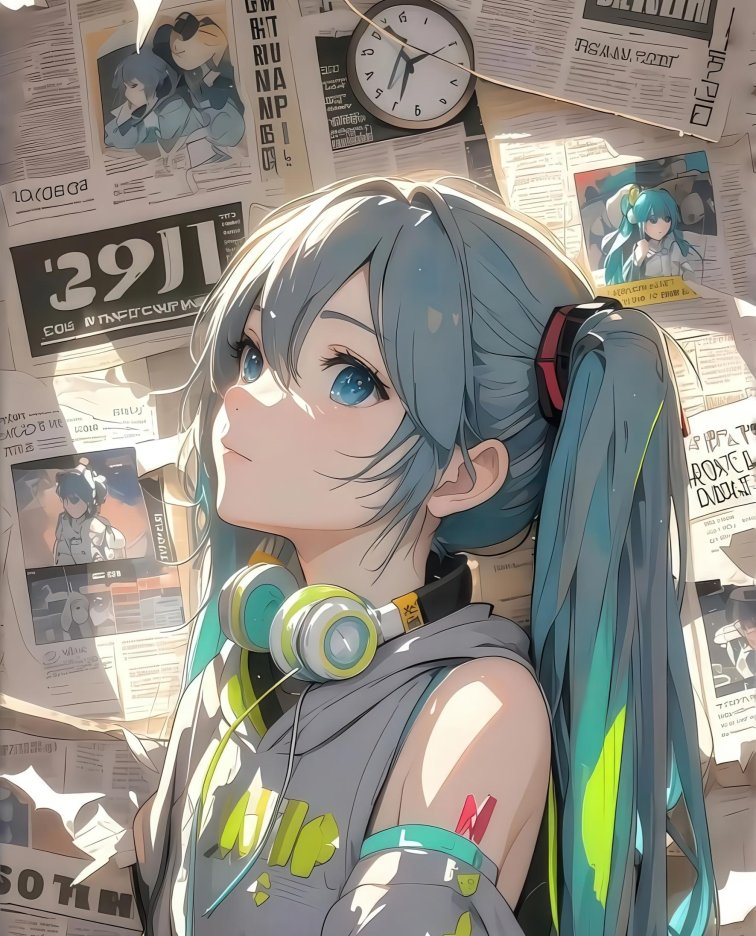初音未来报纸墙4K动漫手机壁纸 | 未来感潮流插画