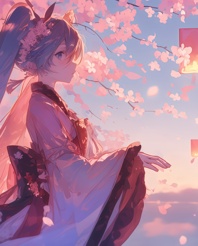 初音未来樱花灯笼4K动漫电脑壁纸 | 唯美场景