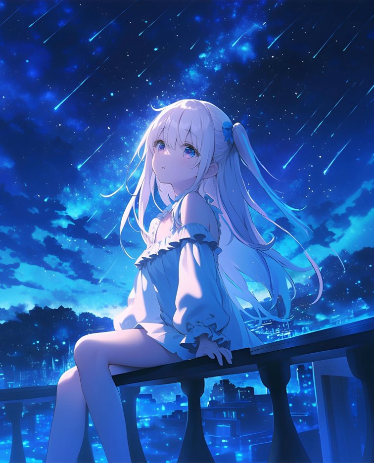 夜空流星下的女孩4K壁纸｜月华与星雨的静谧瞬间